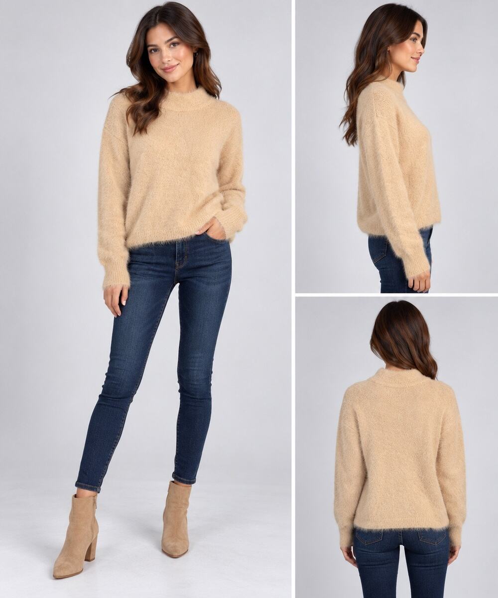 Sun and Moon Womens Pullover Sweater Funnel Neck Fuzzy Long Sleeve Knit Beige XS